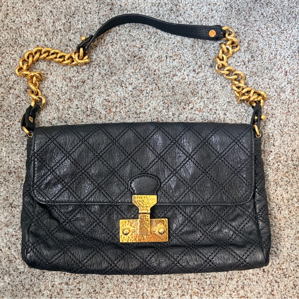 Marc Jacobs Baroque Black Quilted Leather Shoulder Bag with Gold Chain